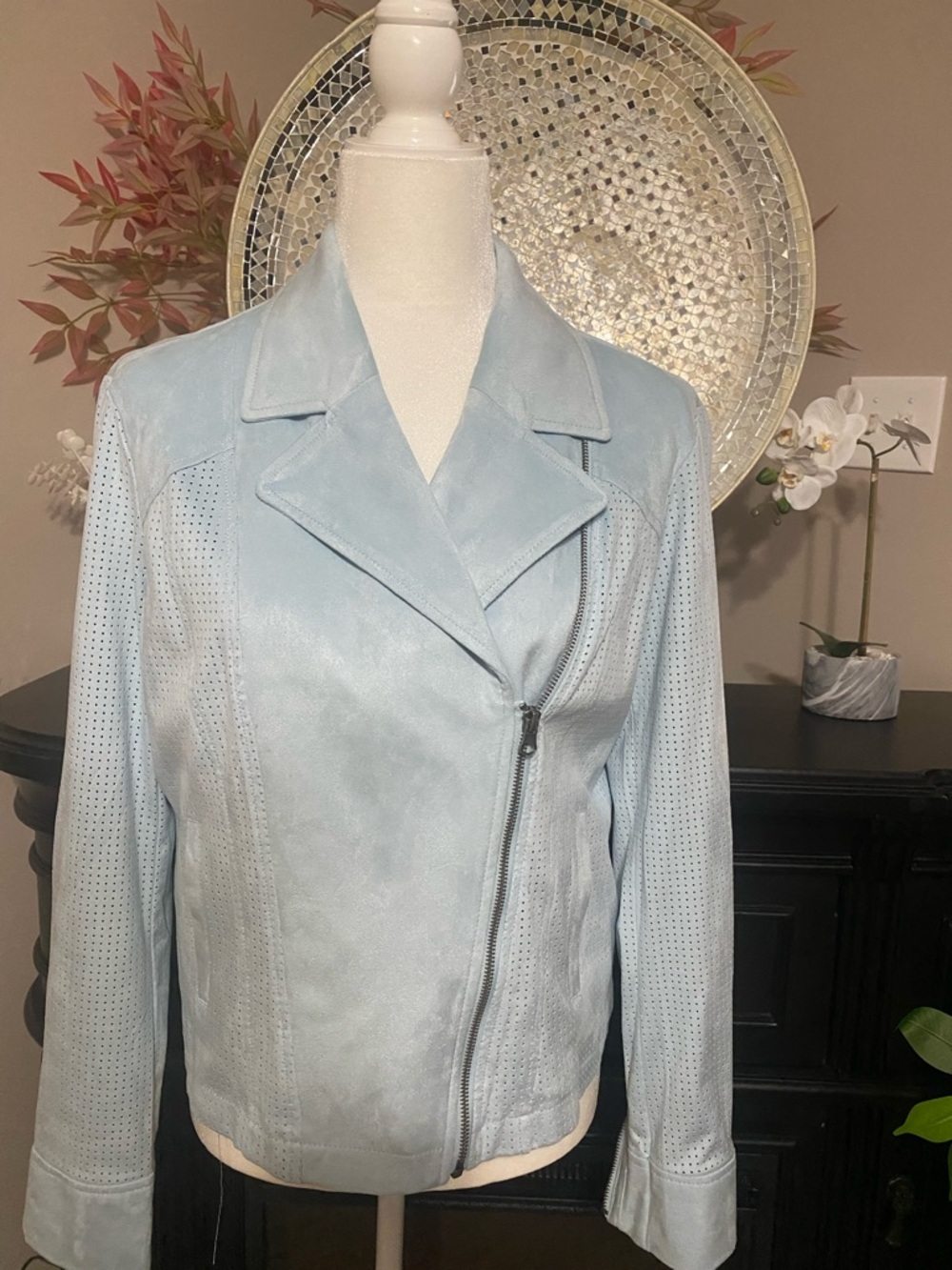 Kate & Mallory Beautiful Powder Blue Perforated Suede Jacket